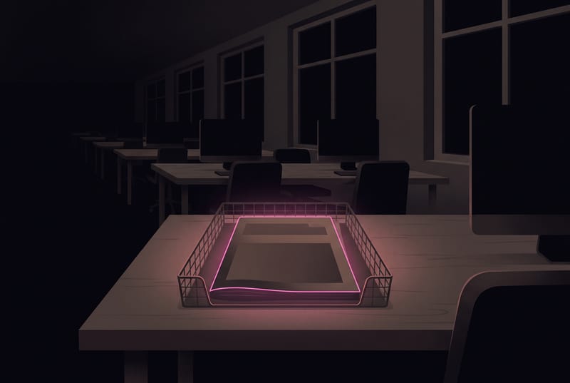 Illustration: a proposal glowing faintly in a wire tray on an empty desk, in a dark office
