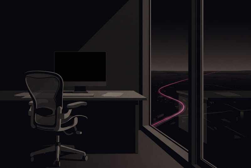 Illustration: an empty desk at night; far below the window, one magenta thread of road light