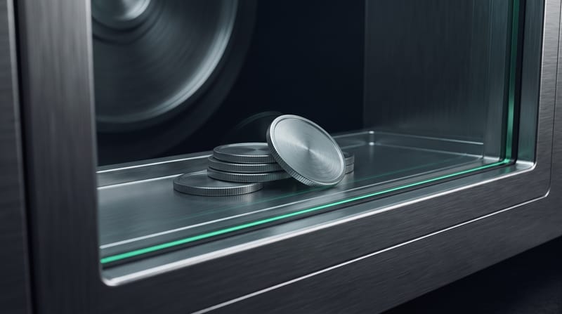 A small stack of steel coins behind glass inside the vault, an emerald line along the shelf