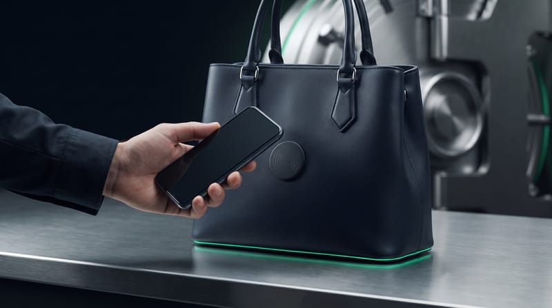 A hand holds a phone to a small tag on a dark leather bag, an emerald seam of light beneath it