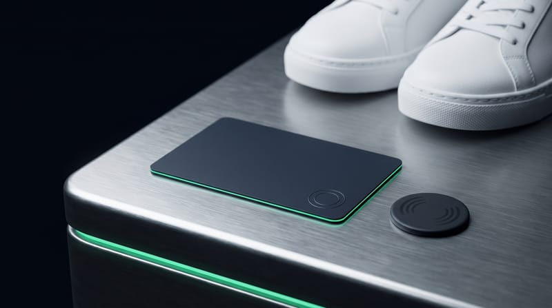 A blank dark title card with an emerald edge and a small tag on a steel surface beside a pair of white sneakers