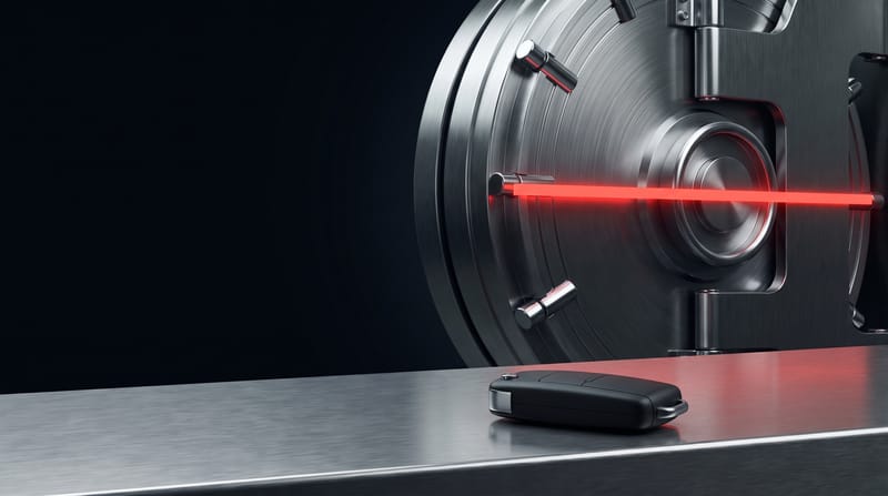A red bar of light crosses the vault door; a car key lies on the counter in front of it