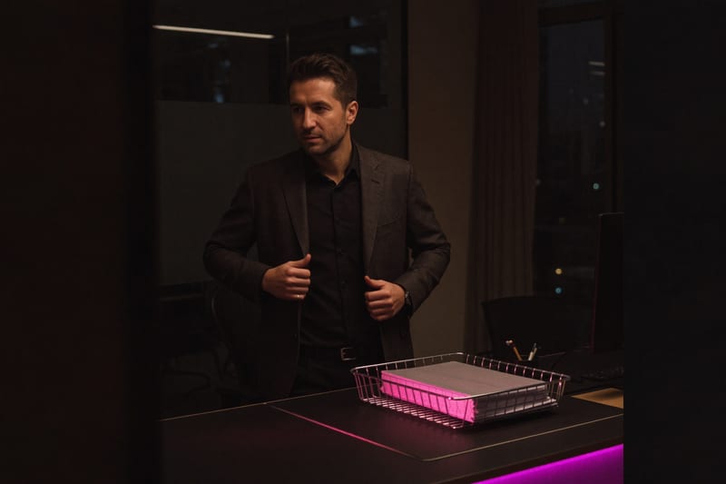 Photograph: a man pulls on his coat to leave a dark office at night; in the tray on his desk, a proposal waits under a thin magenta light