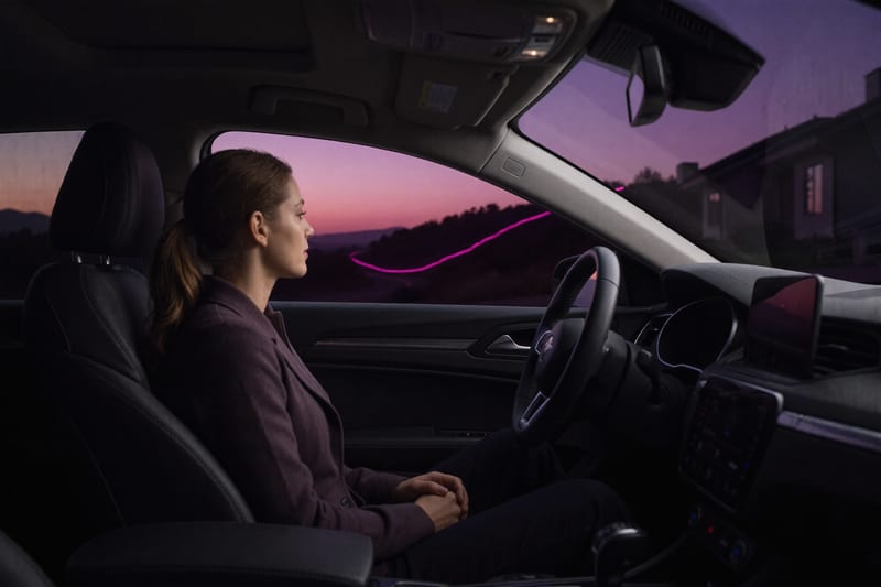 Photograph: a woman sits in her parked car in the driveway at dusk; far below, one magenta thread of road light curves through the dark
